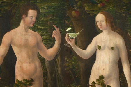 Adam and Eve painting, Eve holding a green drink