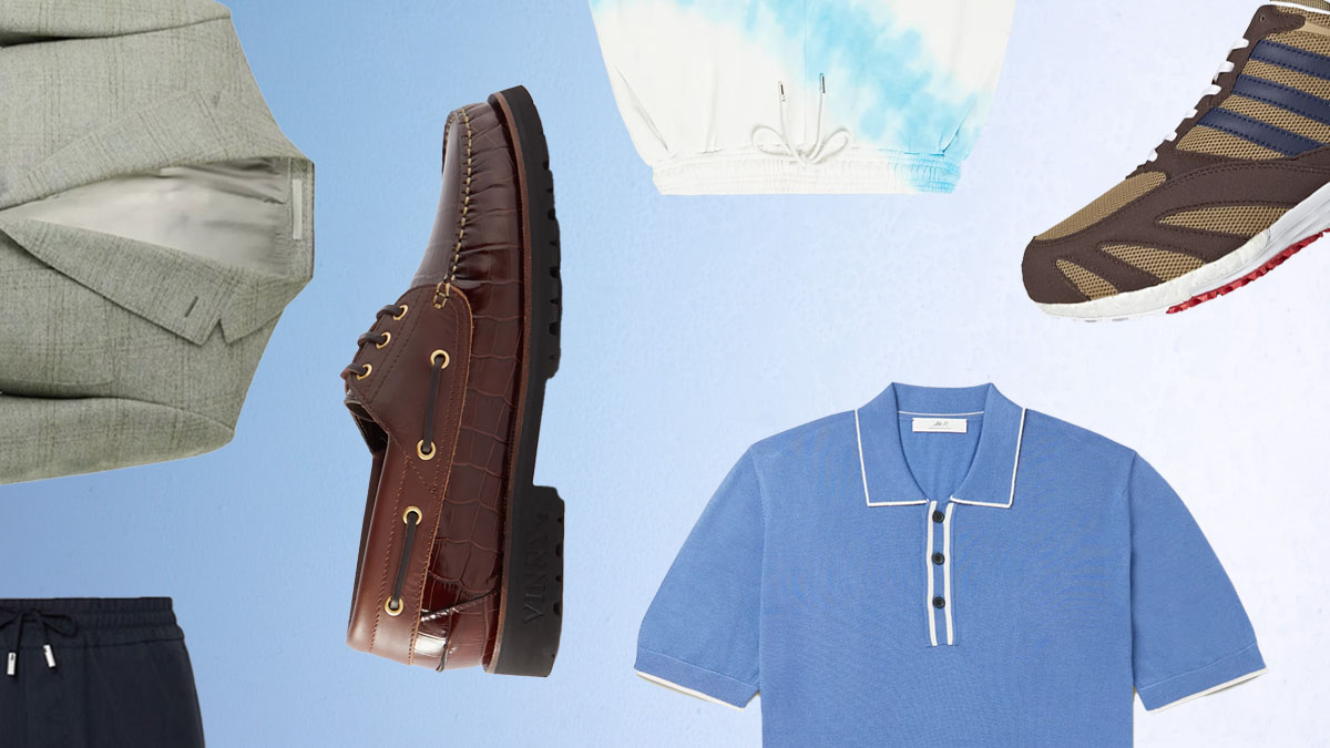 a collage of items from the Mr Porter Summer Sale on a light blue gradient background