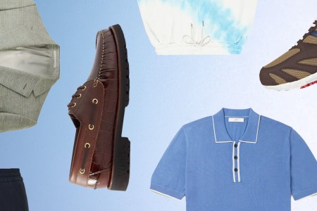 a collage of items from the Mr Porter Summer Sale on a light blue gradient background