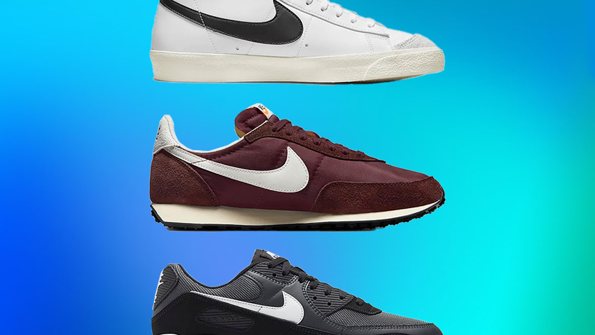 a collage of Nike sneakers on a mutli-shade blue background