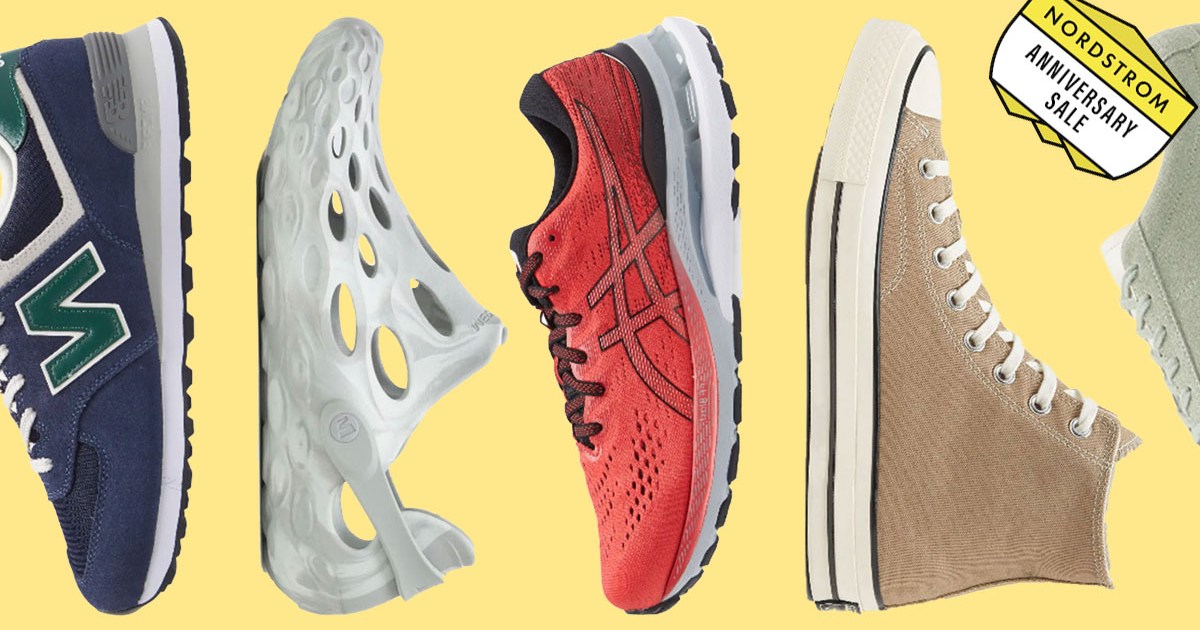 a collage of different sneakers from the Nordstroms Anniversary Sale on a yellow background