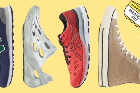 a collage of different sneakers from the Nordstroms Anniversary Sale on a yellow background