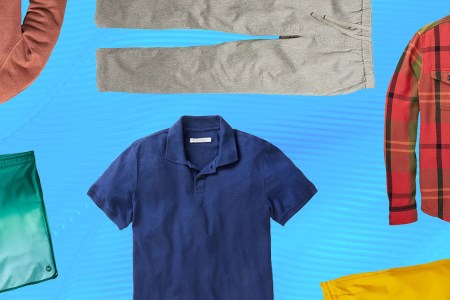 a collage of items from the Outerknown Summer Sale on a blue textured background