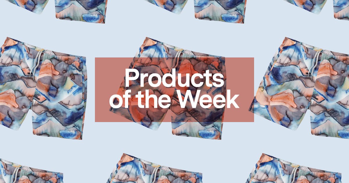 a collage of Myles Apparel Swim Trunks on a blue background with the "Products of the Week" logo in an orange box overlayed in the middle