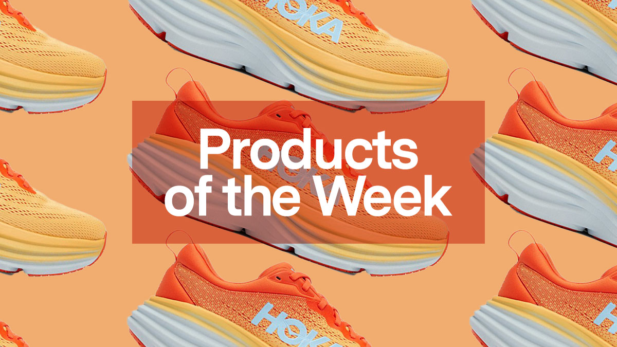 a collage of the Hoka Bondi 8 overlayed with the "products of the week" logo on an orange background