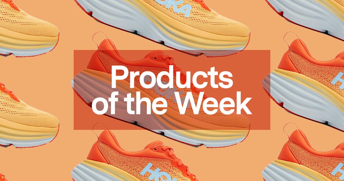 a collage of the Hoka Bondi 8 overlayed with the "products of the week" logo on an orange background