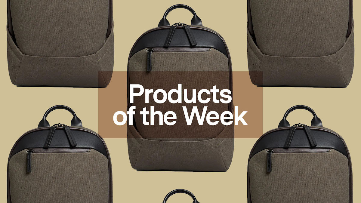 A collage of khaki bags from Troubadour on a tan background with the products of the week logo centered