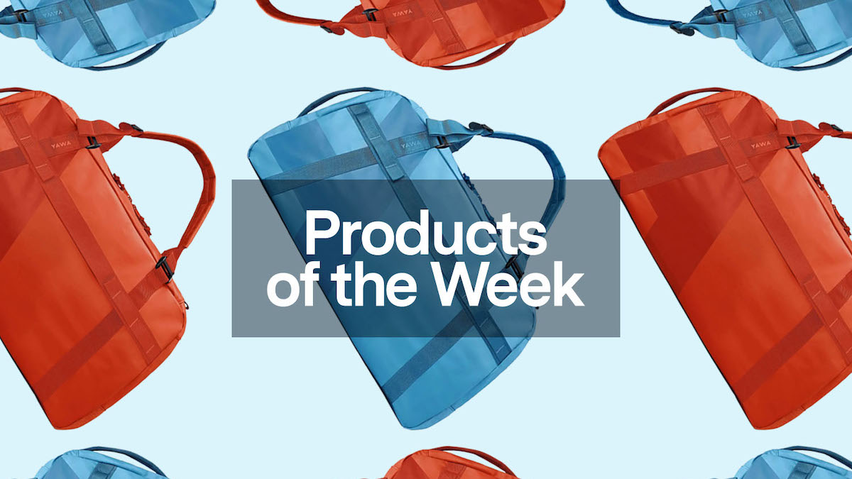 a collage of red and blue AWAY bags on a light blue background with the Prodcuts of the Week tag front and center