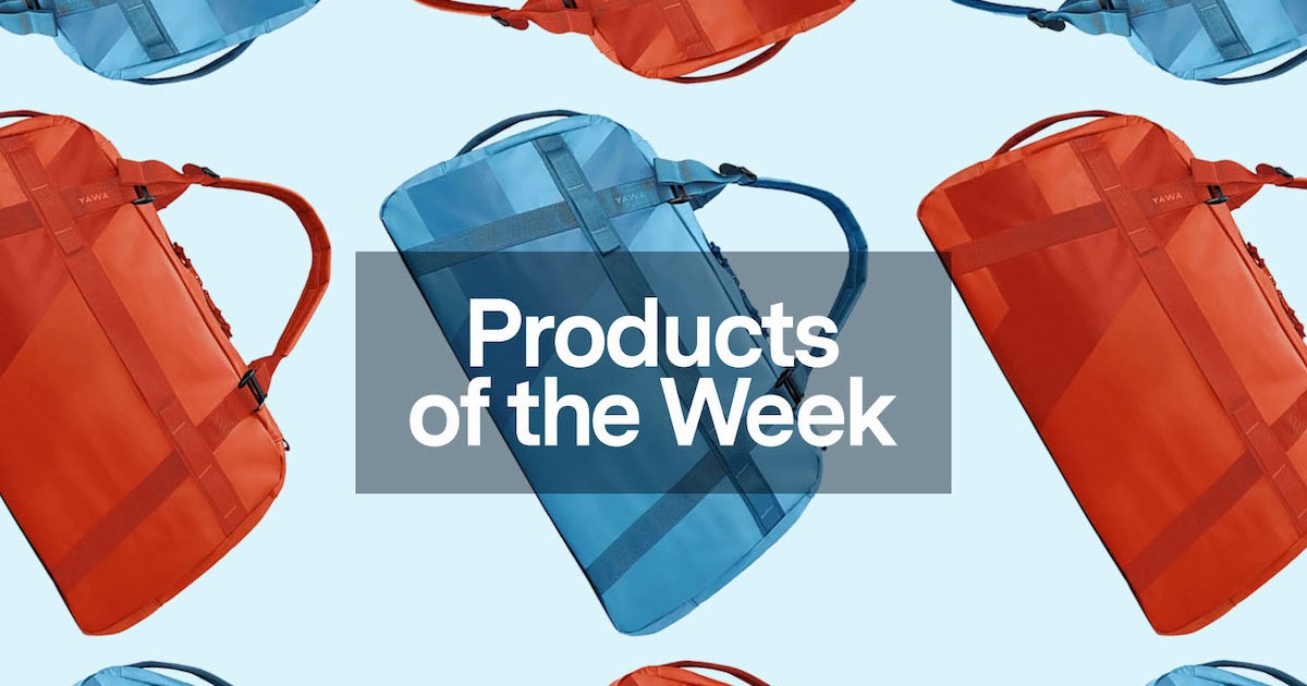 a collage of red and blue AWAY bags on a light blue background with the Prodcuts of the Week tag front and center
