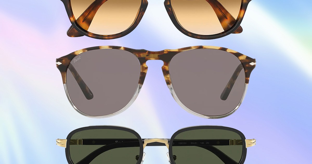 A collage of Persol sunglasses on a iridescent background