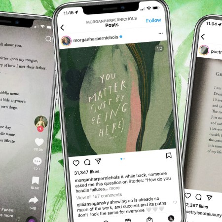 three phone screens displaying poetry on Instagram and Tik Tok