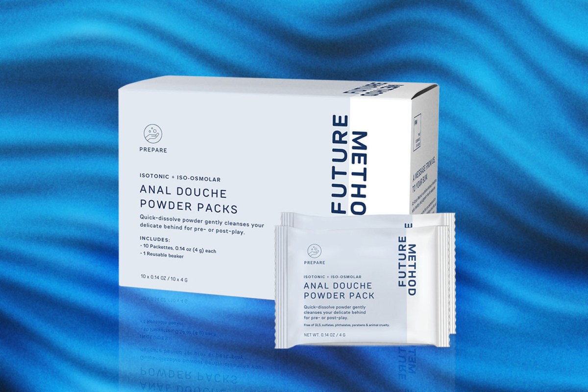 Future Method's Anal Douche Powder Packs displayed on a blue background