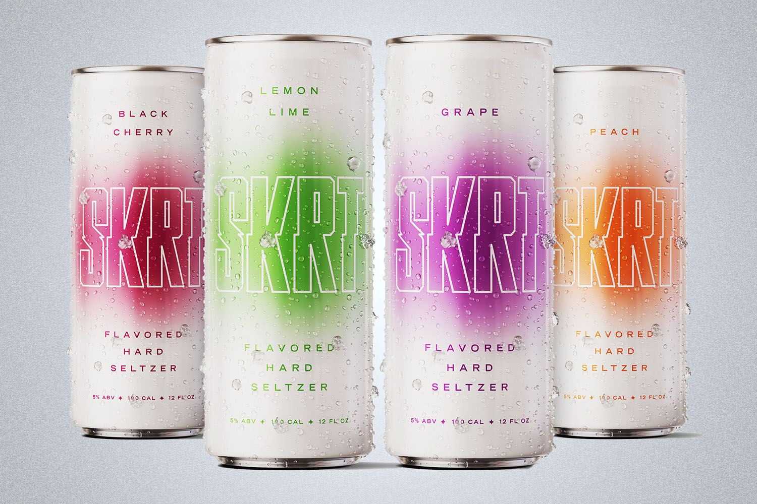 a SKRT canned hard seltzer in four fruit flavors on a grey background