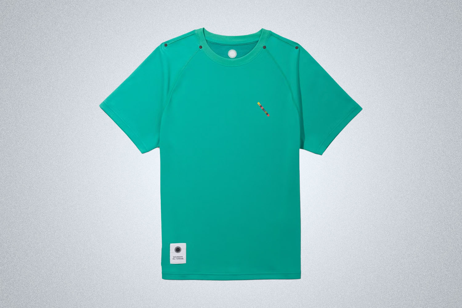 a teal active shirt from Saturdays NYC on a grey background