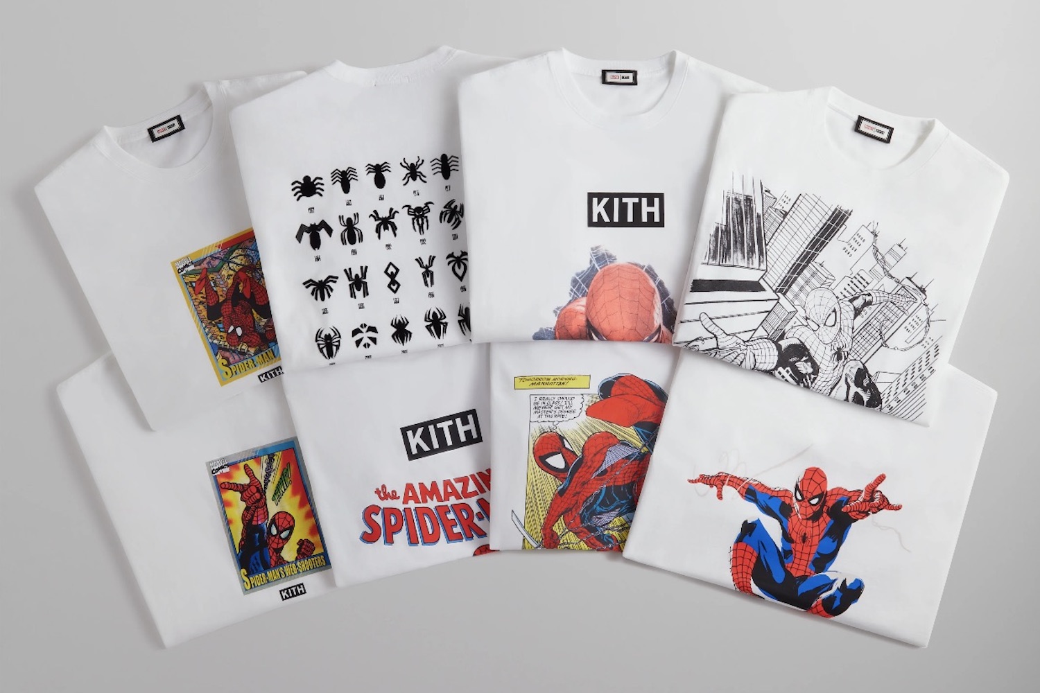 a collage of spider man teeshirts on a grey background