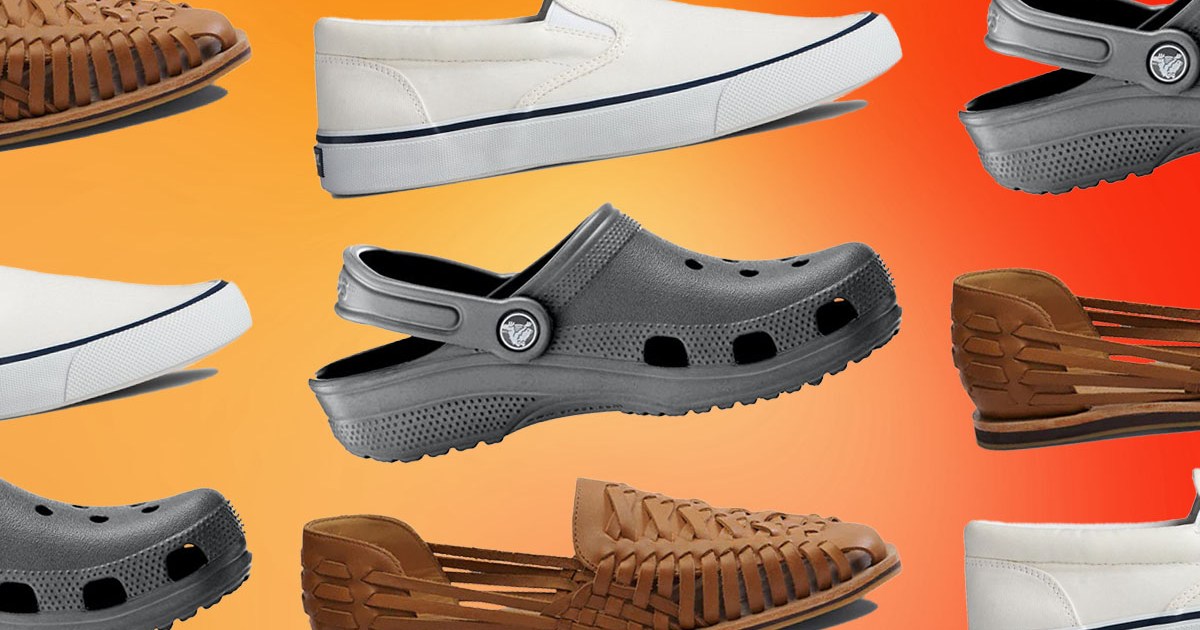 a collage of footwear on a yellow-orange-red gradient background