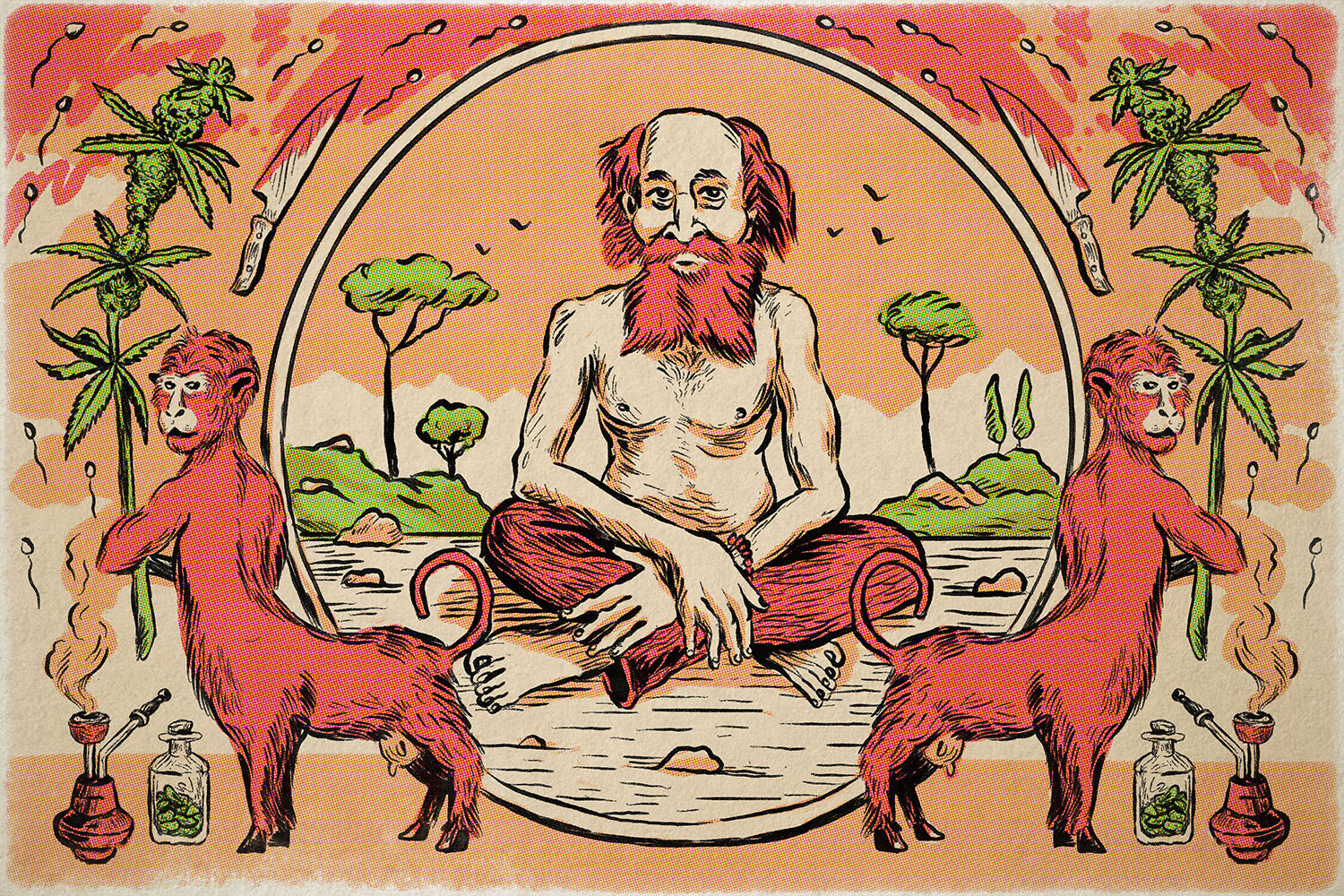 An illustration show Ior Bock seated in a meditative pose against the Scandinavian coastline