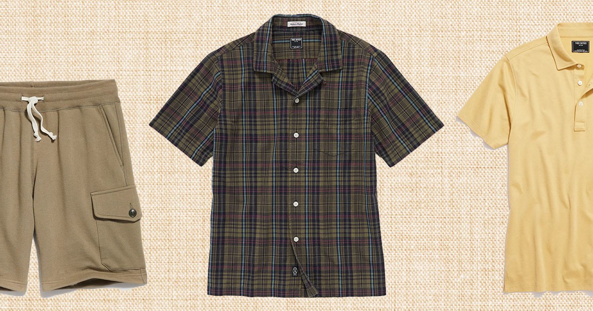 a collage of Todd Snyder clothing on a checked beige background