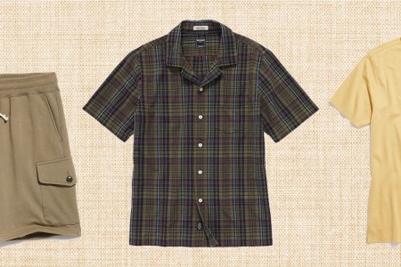 a collage of Todd Snyder clothing on a checked beige background