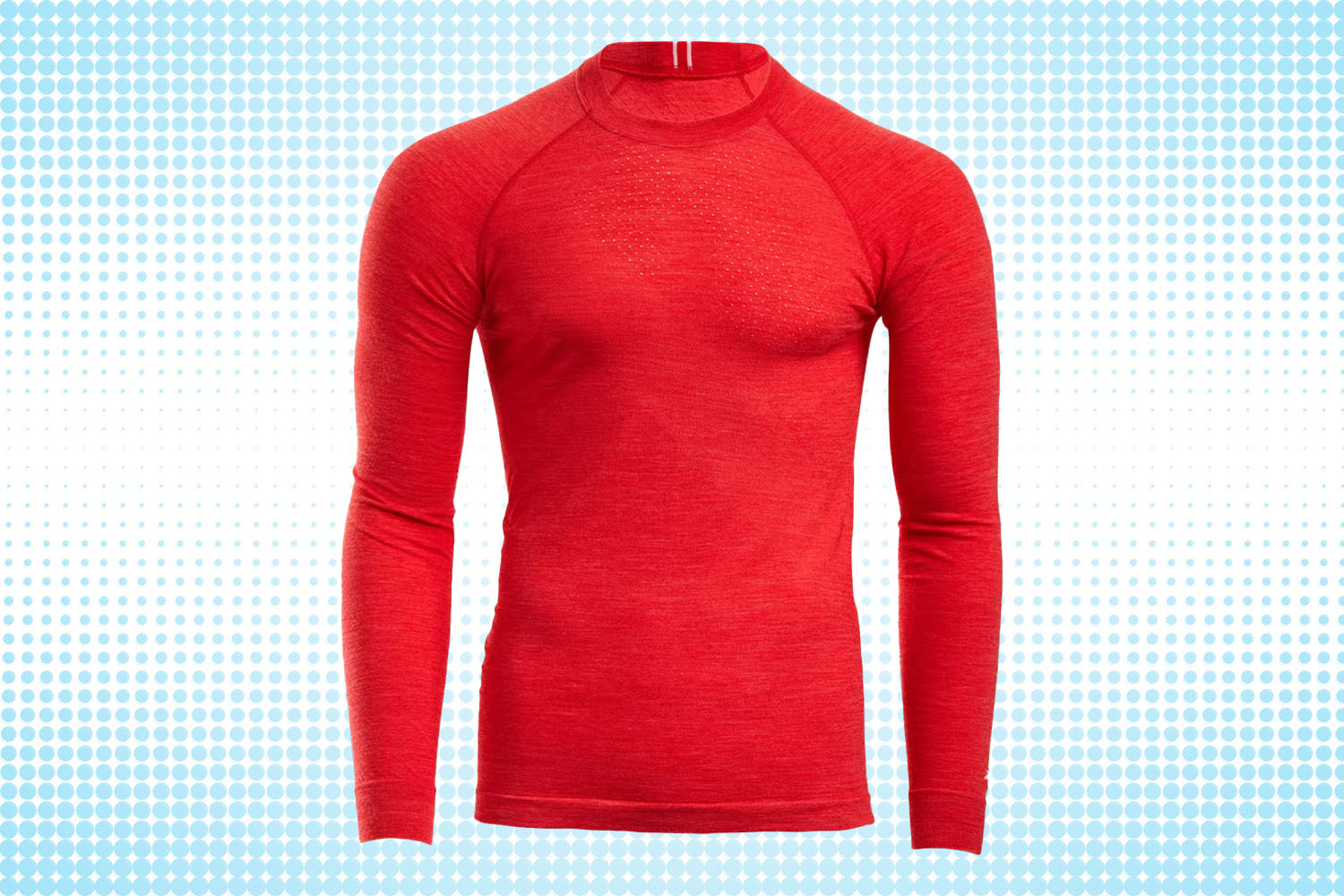 a bright red long sleeve base layer from Tracksmith on a white and blue dotted background