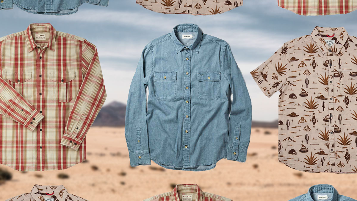 a collage of westernwear shirts on a desert background