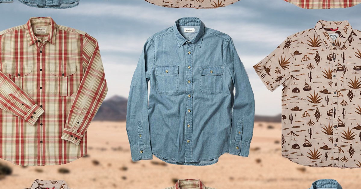 a collage of westernwear shirts on a desert background