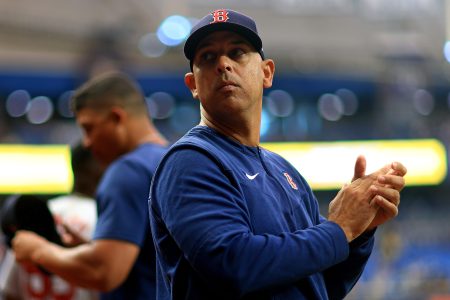 Boston manager Alex Cora watches the Red Sox