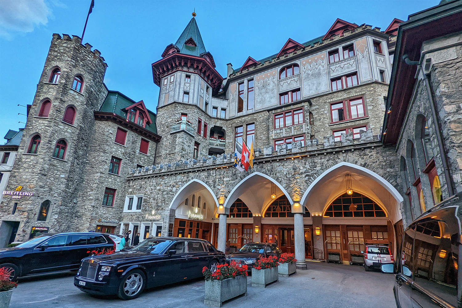 The entrance to Badrutt's Palace in St. Moritz, Switzerland