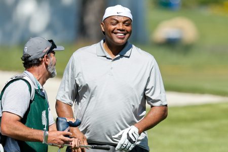 Charles Barkley after hitting his second swing into the water on the 18th hole at the American Century Championship.