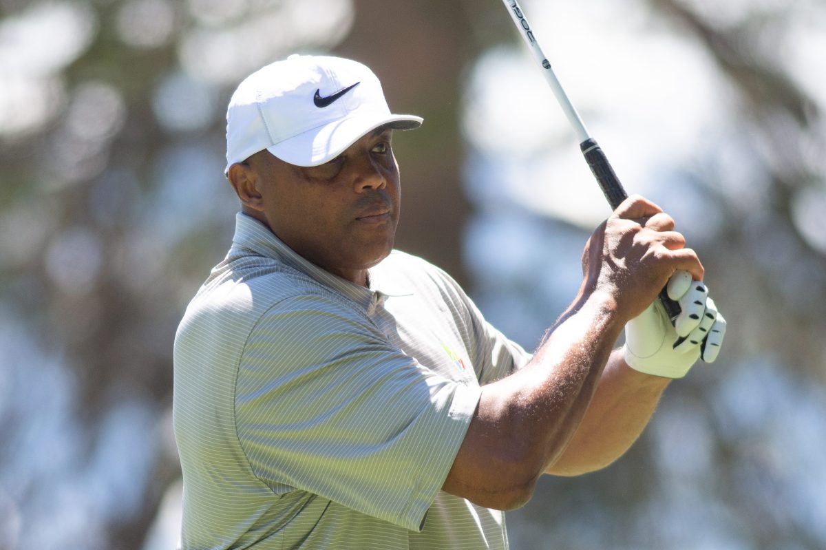 Charles Barkley watches his drive at the ACC Golf Championship.
