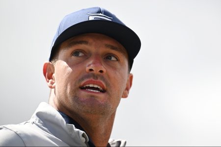 Bryson DeChambeau looks on during a practice round for The 150th Open at St Andrews in Scotland.