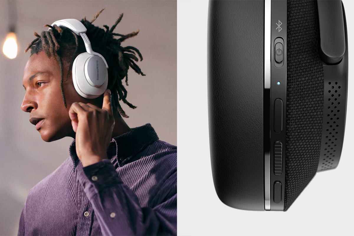Bowers & Wilkins Px7 S2 headphones on a man (left) and a close-up of the control buttons (right)