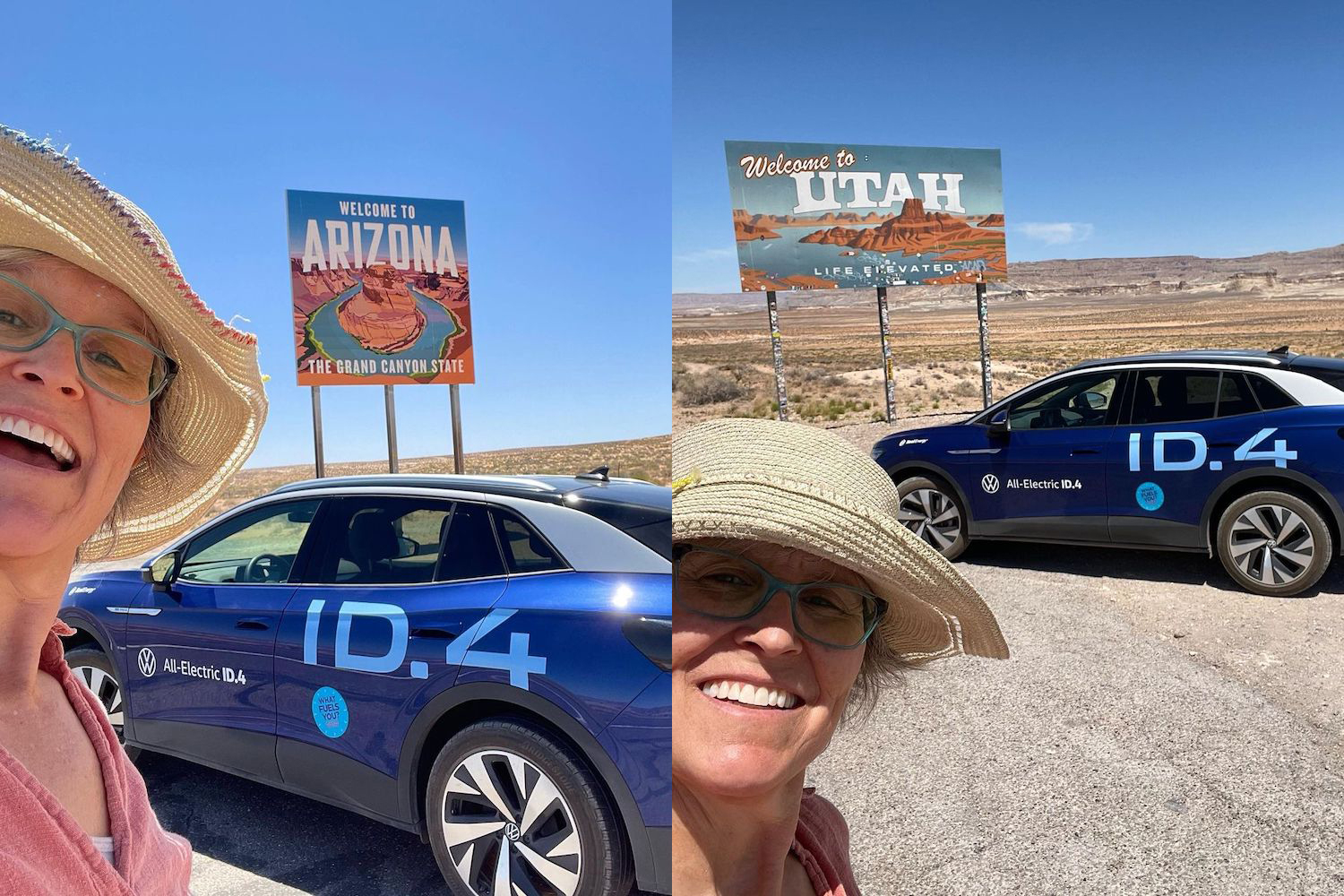 Two selfies from Erika Gilsdorf, video producer behind "What Fuels You," with her Volkswagen ID.4 and state signs on her road trip