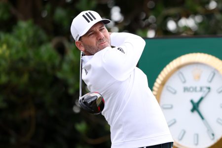 Sergio Garcia of Spain tees off at the third hole of The 150th Open at St Andrews Old Course