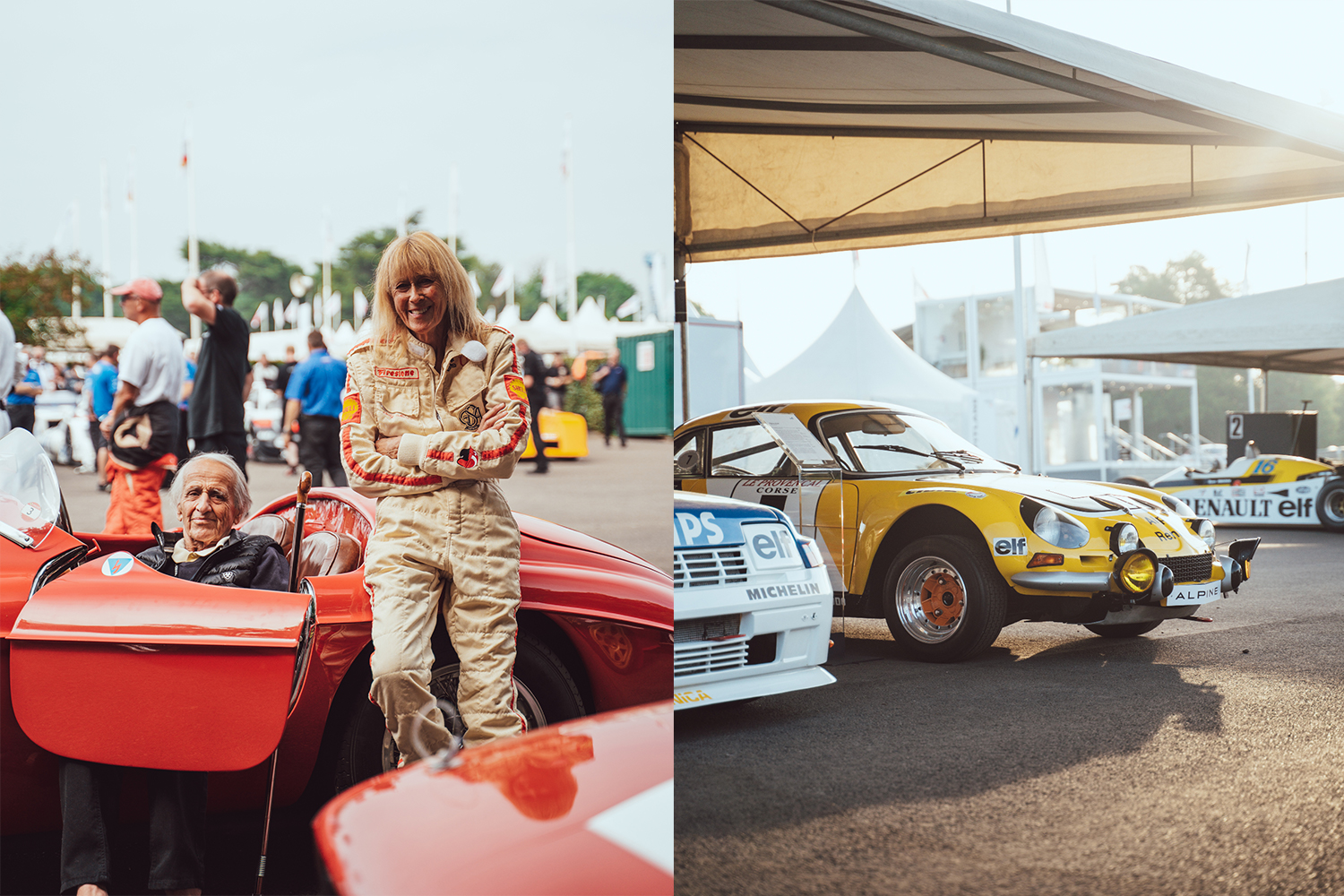 A man and woman in a classic car at the 2022 Goodwood Festival of Speed ​​on the left.  On the right, vintage cars exhibited under a tent.