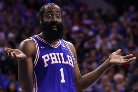 James Harden of the Philadelphia 76ers reacts during a playoff game.