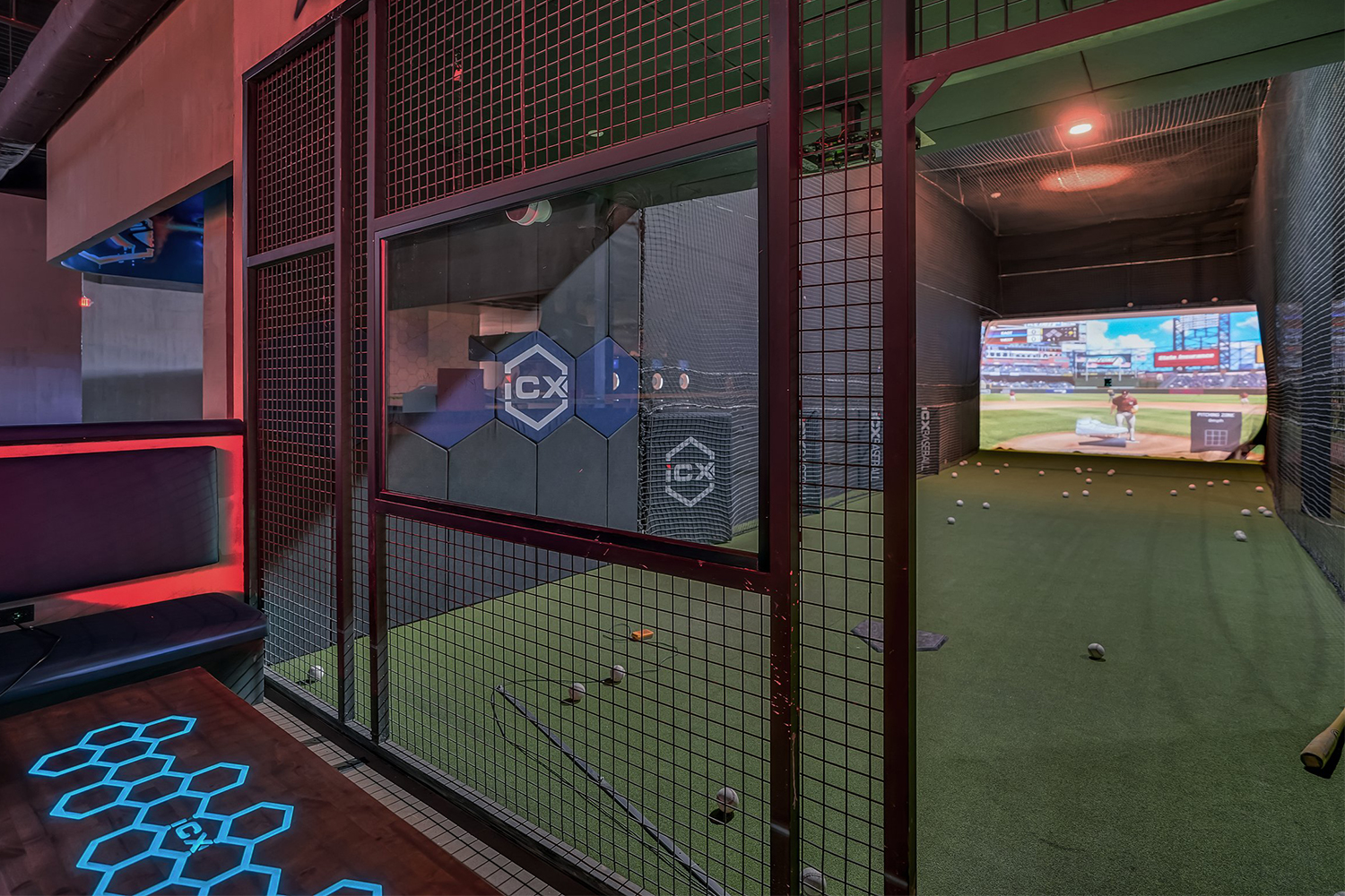An augmented reality batting cage at iCompete Experience in Lewisville, Texas