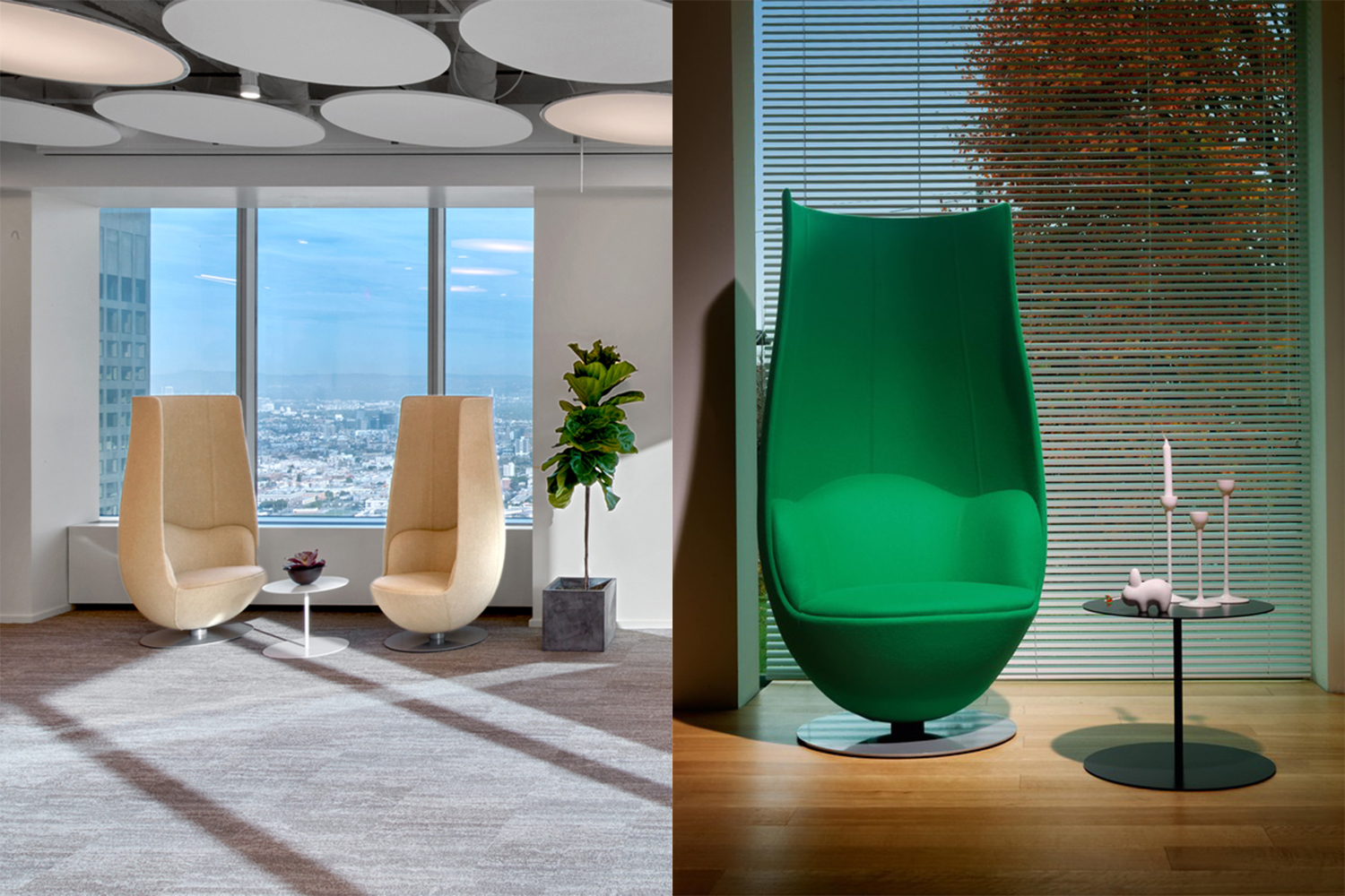 The Marcel Wanders Tulip Armchair, produced by Cappellini, seen in the left photograph in a beige and in the right photo in green