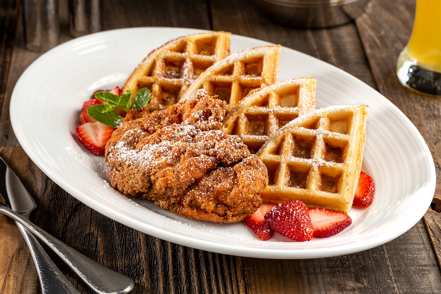 The chicken and waffles with strawberries at Nellie's Southern Kitchen in Las Vegas, Nevada, at the MGM Grand