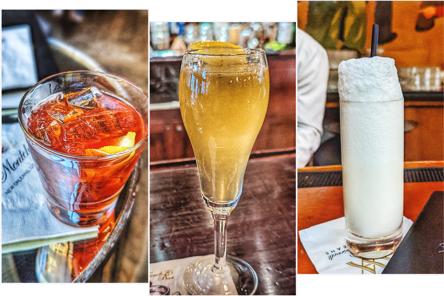 A Vieux Carré at the Carousel Bar, French 75 at Arnaud’s and Ramos Gin Fizz at the Sazerac Bar in New Orleans, Louisiana