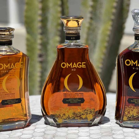 The three bottles of Omage, a new California brandy
