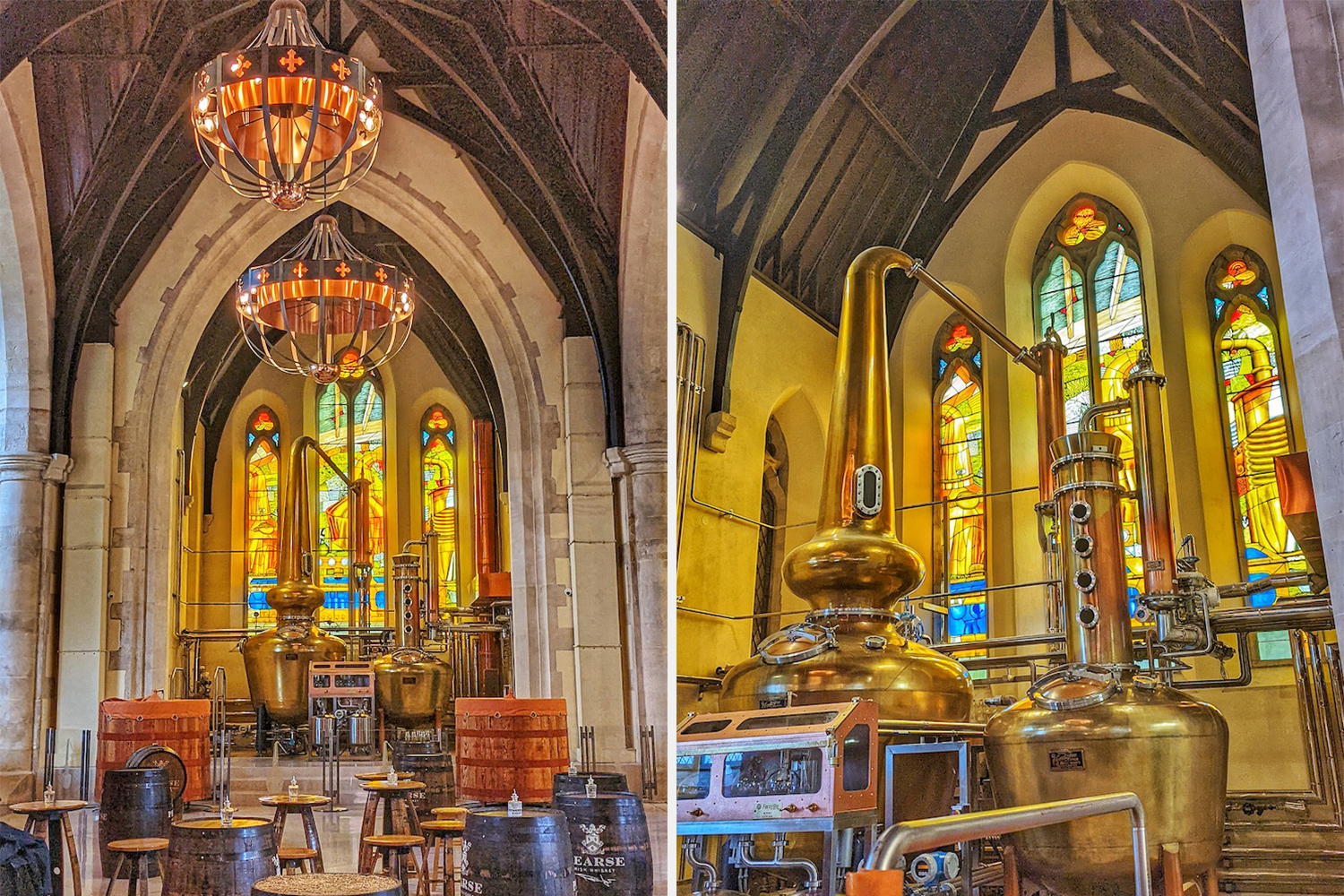 The stained glass windows behind the copper pot stills inside Pearse Lyons Distillery, which is located in the former St. James Church in Dublin, Ireland