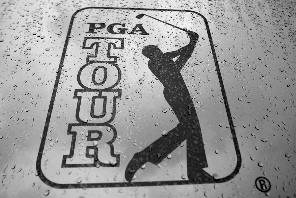 A black-and-white PGA Tour logo after play was suspended due to severe storms