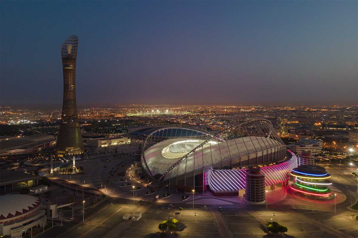 An aerial view of Khalifa Stadium stadium at sunrise on June 22, 2022 in Doha, Qatar. Khalifa Stadium stadium is a host venue of the FIFA World Cup Qatar 2022 starting in November. Drinking will not be allowed within the stadiums, for the most part