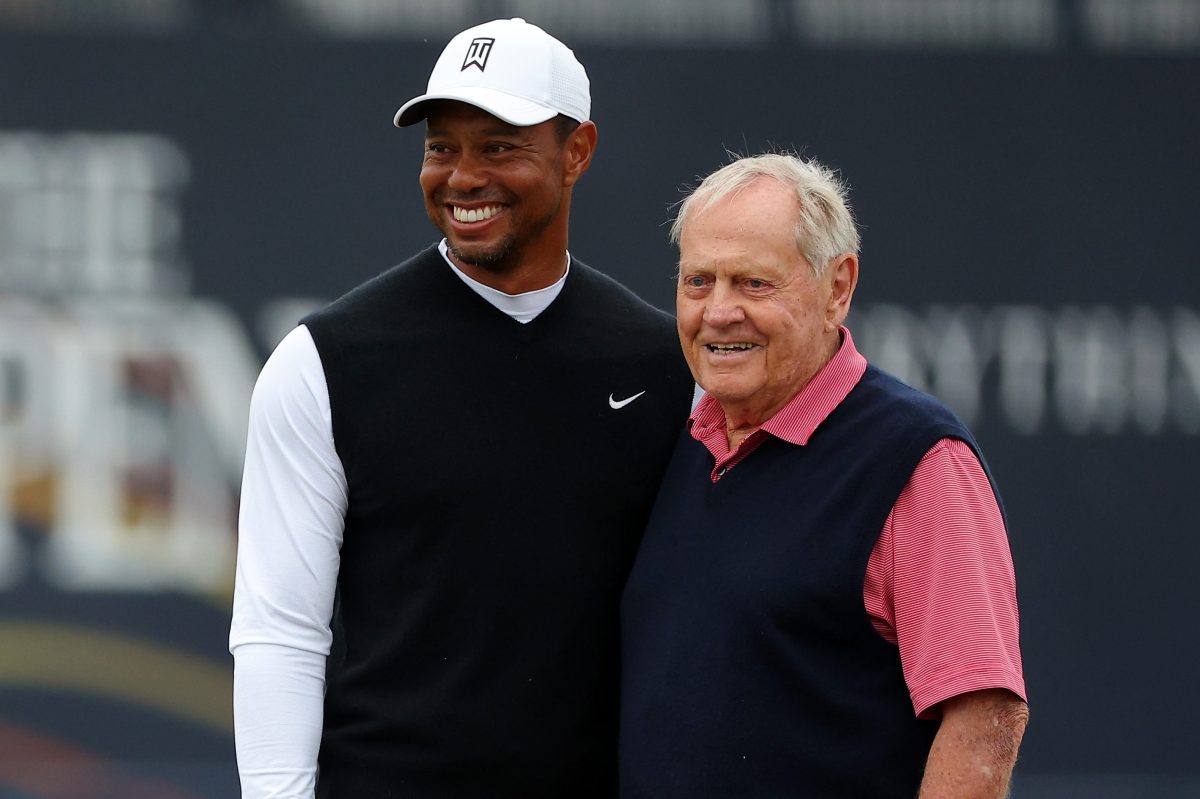 Tiger Woods poses for a photo with Jack Nicklaus prior to The 150th Open at St Andrews Old Course in Scotland.