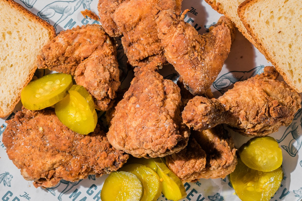 A plate of Sunday Fried Chicken from The Grey Market in Austin, Texas. We got the recipe for the dish.