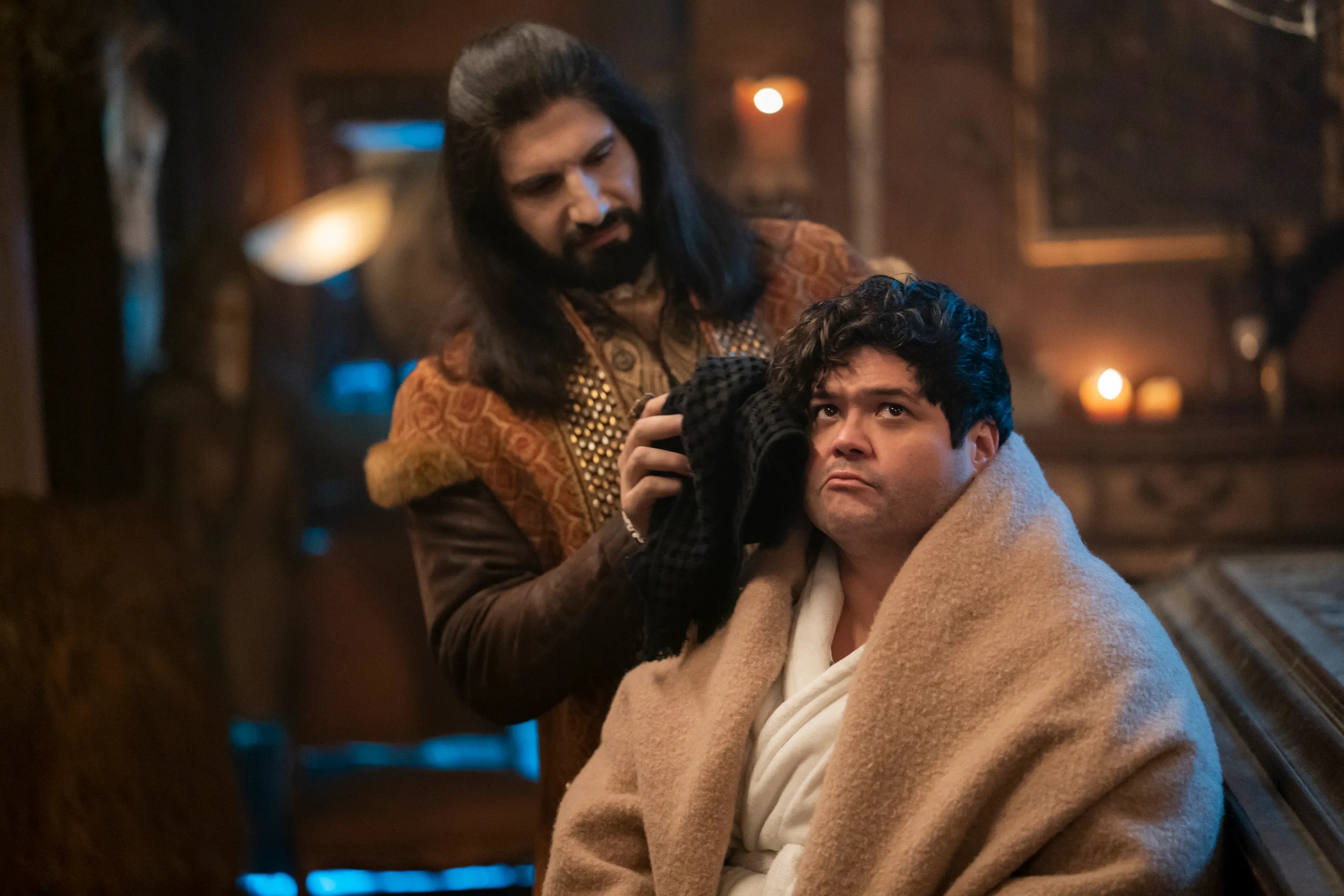 Kayvan Novak as Nandor and Harvey Guillén as Guillermo in "What We Do in the Shadows"
