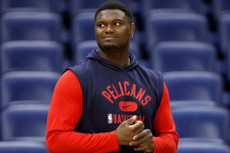 Zion Williamson of the New Orleans Pelicans stands on the court.