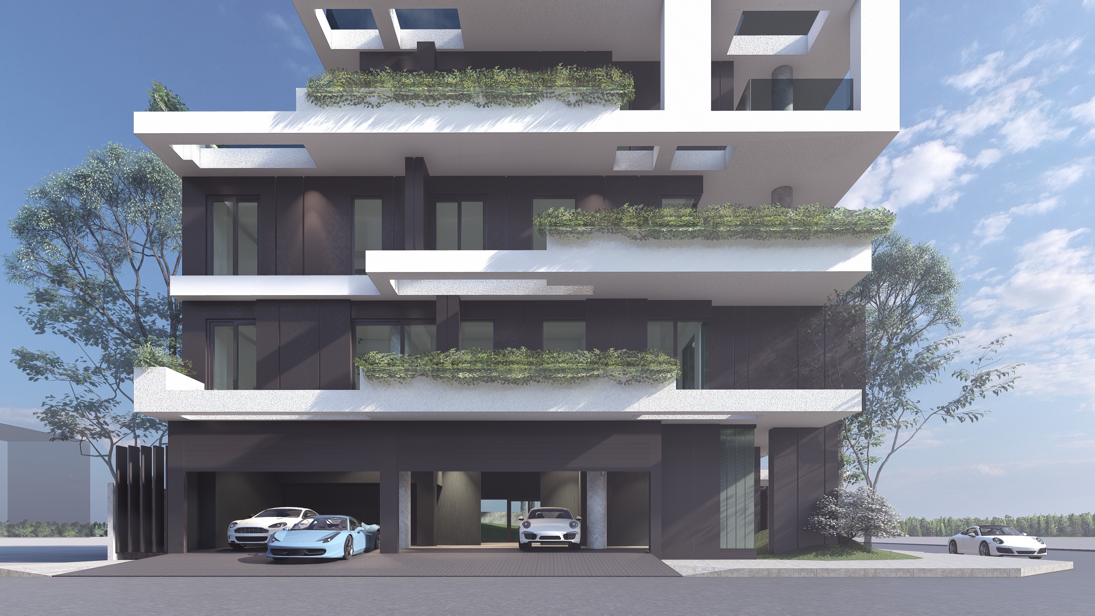 A rendering of a futuristic, open-air car garage.