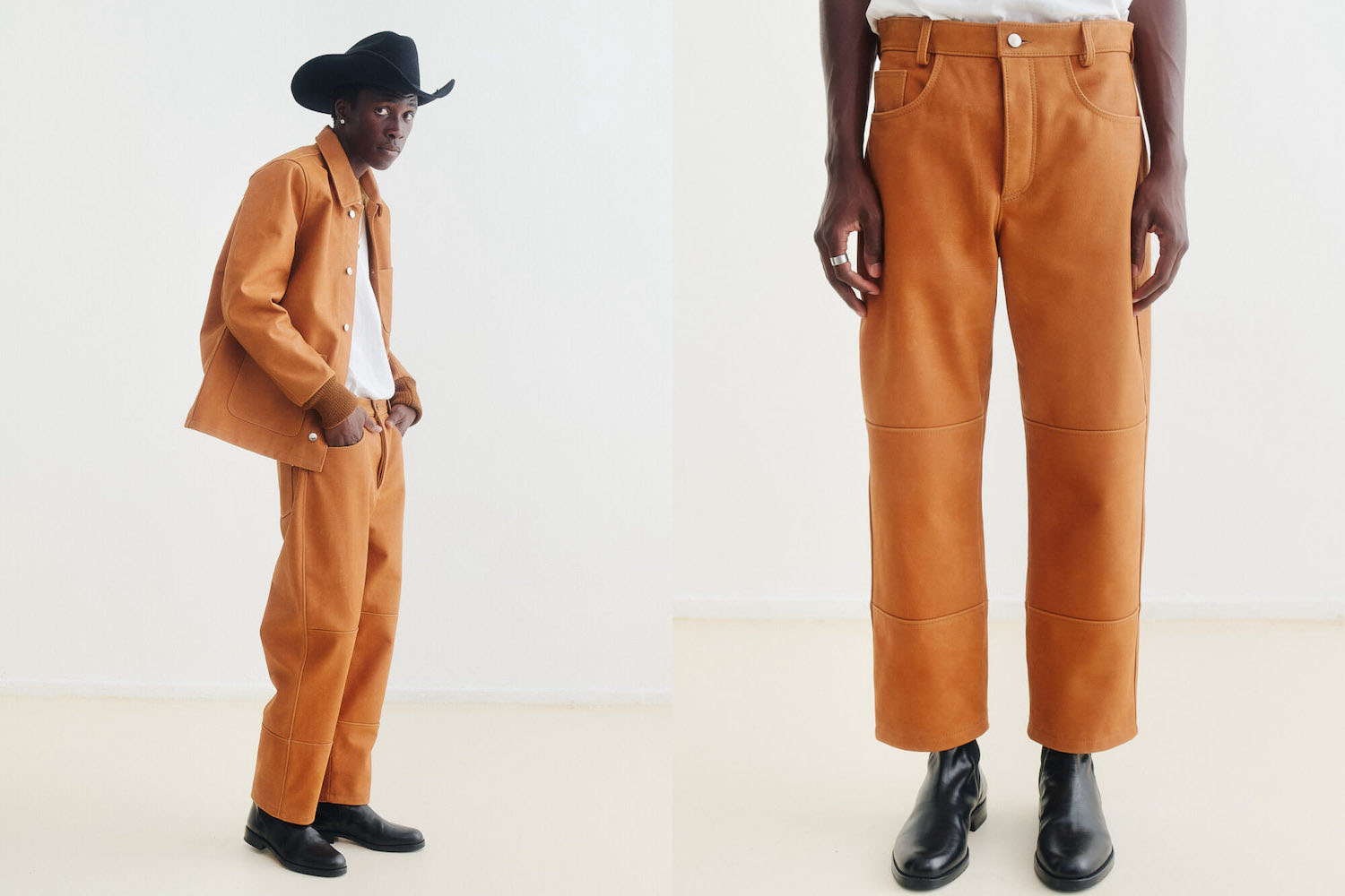 two model photos of caramel-colored leather pants